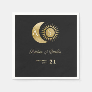 Chic Celestial Black Gold Sun Moon Monogram Wappen Serviette