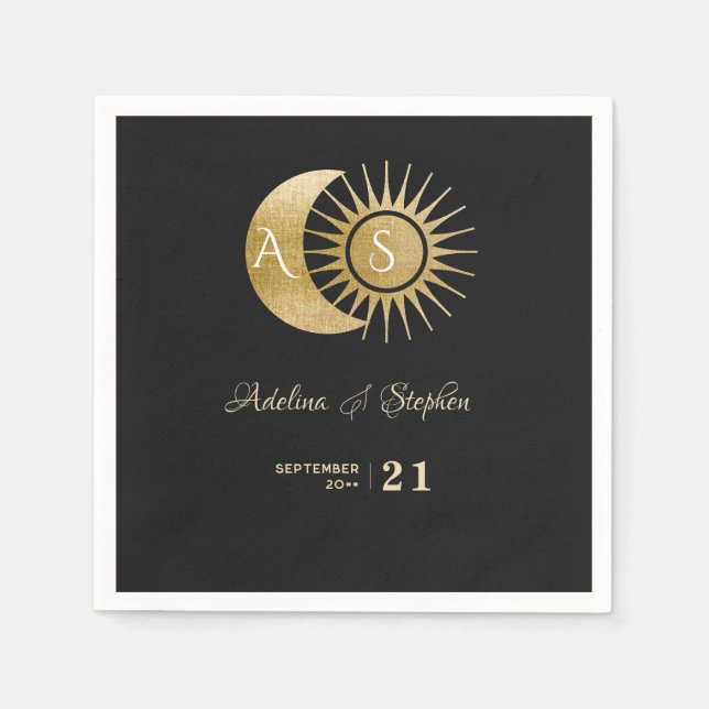 Chic Celestial Black Gold Sun Moon Monogram Wappen Serviette (Vorderseite)