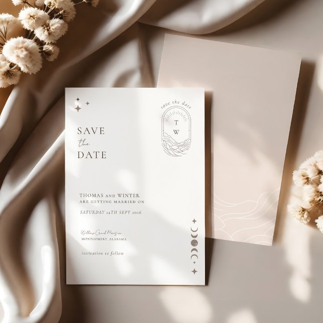 Chic Celestial Moon Stars Monogram Save the Date Einladung (Chic Celestial Moon Stars Monogram Save The Date Invitation)