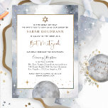 Chic Celestial Silver, White and Gold Bat Mitzvah Einladung<br><div class="desc">Genießen Sie Ihre Freunde und Familie mit dieser eleganten, himmlischen Bat Mitzvah Einladung mit zartem Aquarellhimmel, Sternen und Mond in einer schönen Mischung aus silbergrauen, weißen und goldenen Tönen. Dainty Sterne in Weiß und in Imitaten Goldfolie. Bat Mitzvah Phrase und Stern von David in Imitaten Goldfolie. Zurück mit einer wunderschönen...</div>