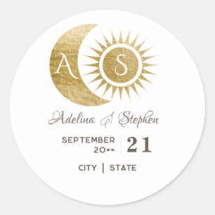 Chic Celestial White Sun Moon Monogram Wappen Runder Aufkleber
