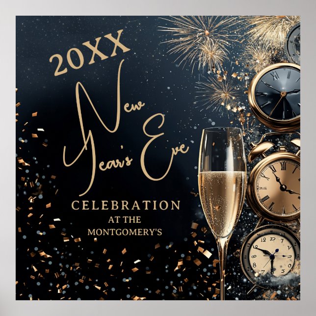 Chic Champagne and Clocks New Year's Eve Party Poster (Vorne)