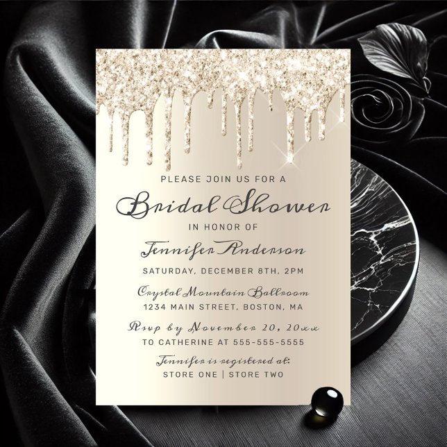 Chic Champagne Driving Glitzer Brautparty Einladung (Chic Ivory Champagne Dripping Glitter Bridal Shower Invitation)