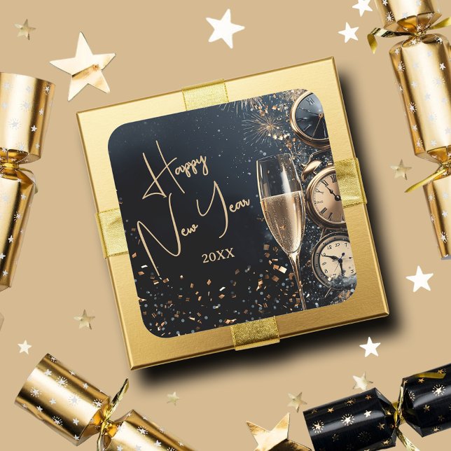 Chic Champagne Time Happy New Year Quadratischer Aufkleber (Champagne Time Happy New Year Square Stickers)