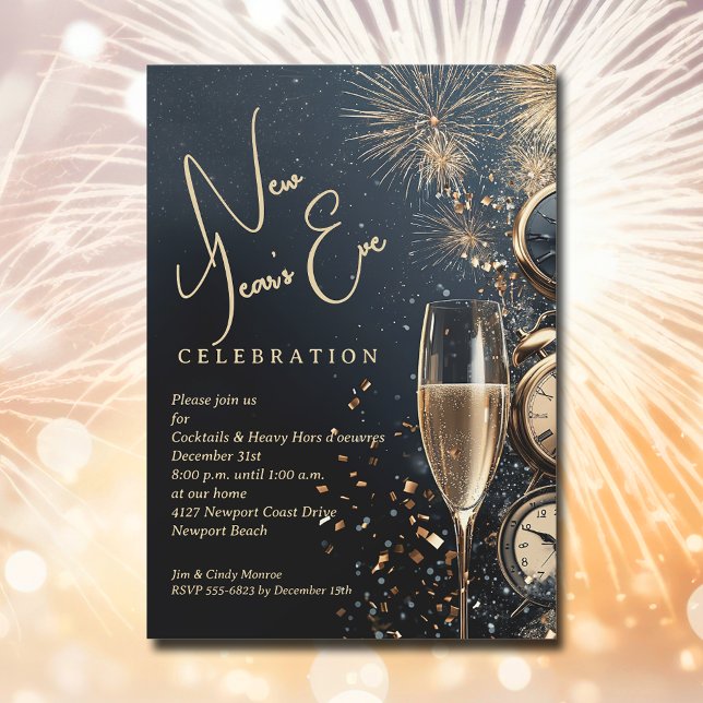 Chic Champagne Time New Year's Eve Einladung (Chic Champagne and Clocks New Year's Eve party invitations, PRINTED and/or INSTANT DOWNLOAD)