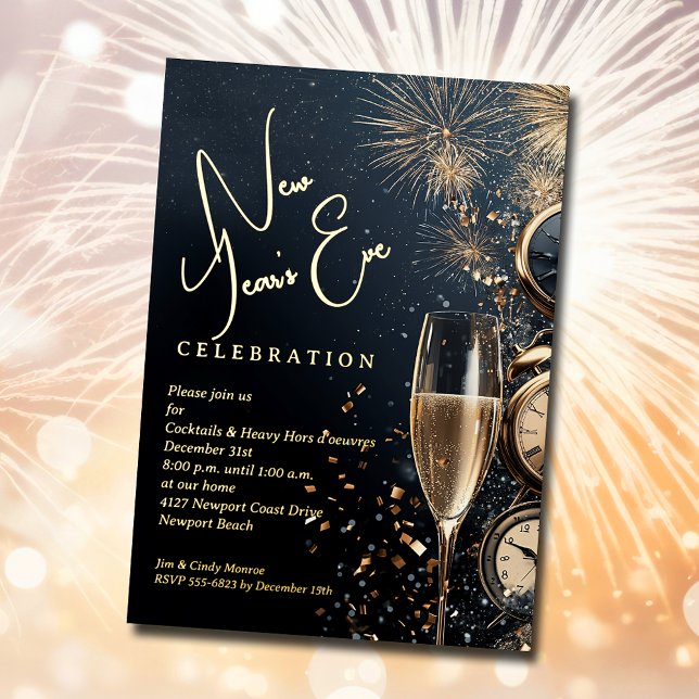 Chic Champagne Time New Year's Eve Folieneinladung (Chic Champagne and Clocks New Year's Eve GOLD FOIL party invitations)