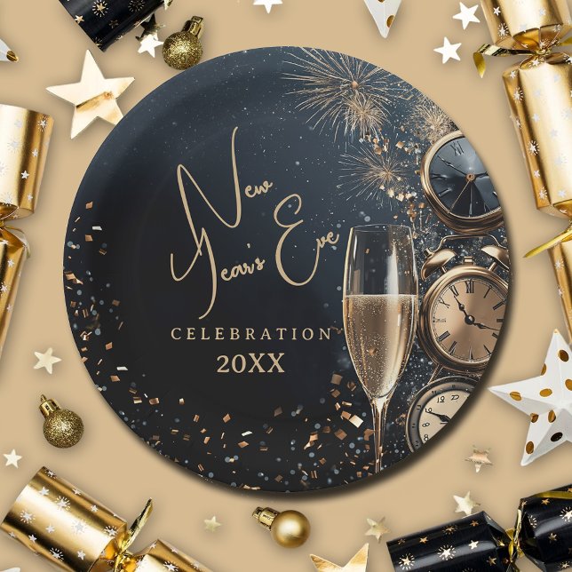Chic Champagne Time New Year's Eve Pappteller (Chic Champagne and Clocks New Year's Eve paper plates, 7" or 9")