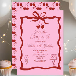 Chic Cherry auf Top Bow Pink und Red Birthday Einladung