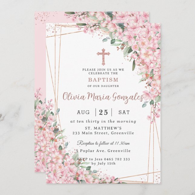 Chic Cherry Blossoms Rose Gold Christening Taufe Einladung (Vorne/Hinten)