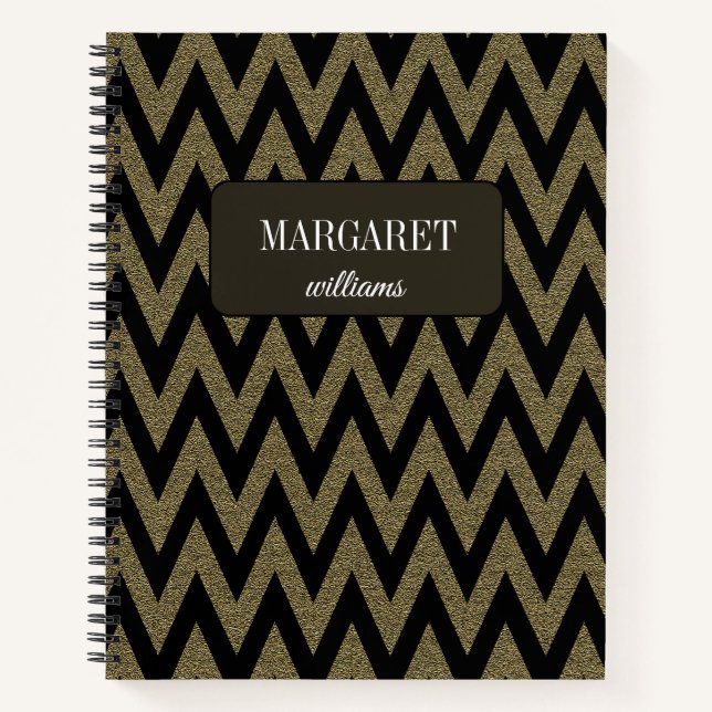 Chic chevron zigzag  glitter &black custom name notizbuch (Vorderseite)