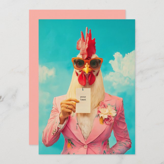 Chic Chicken in Pink Anzug Einladung (Vorne/Hinten)