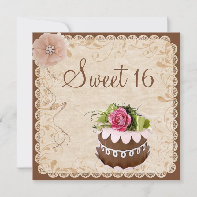 Chic Chocolate Cake & Diamonds Rose Sweet 16 Einladung (Vorderseite)