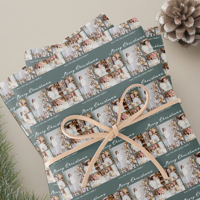 Chic Christmas Family Photo Collage Grey Green Geschenkpapier Set (Von Creator hochgeladen)