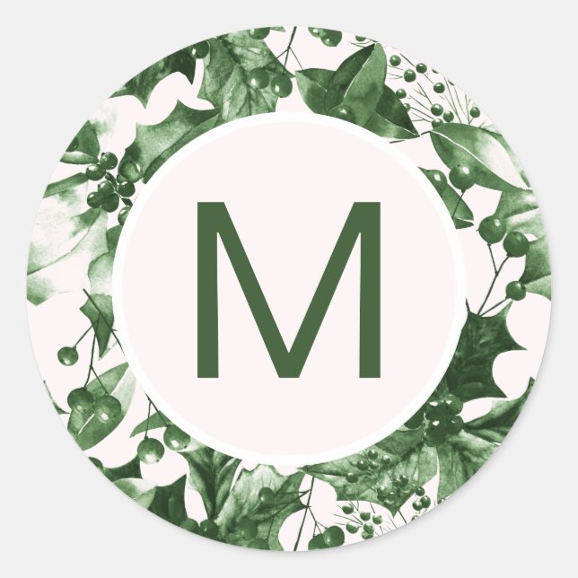 Chic Christmas Green Holly Print Monogram Runder Aufkleber (Vorderseite)