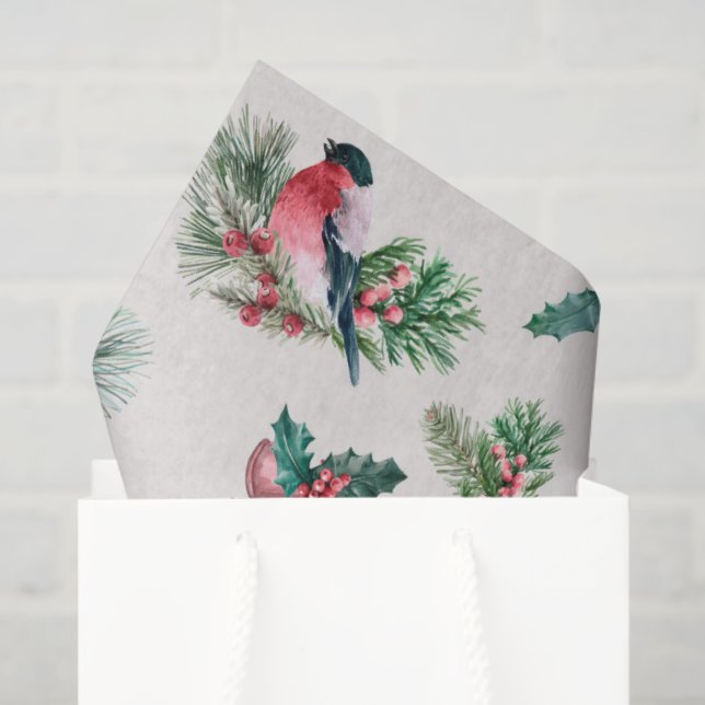 Chic Christmas Holiday Bullfinch Pine Holly Seidenpapier (Geschenk Tasche)