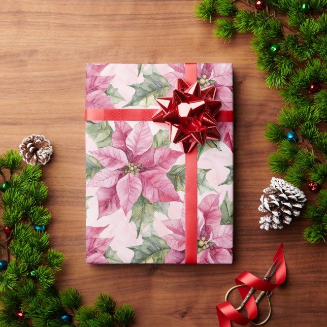 Chic Christmas Pink Poinsettia Floral Geschenkpapier (Feiertagsgeschenk)