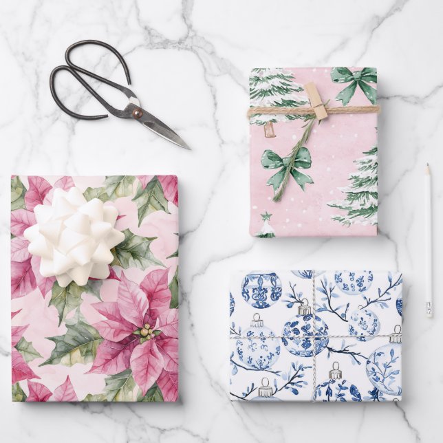 Chic Christmas Pink Poinsettia Floral Geschenkpapier Set (Vorderseite)