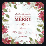 Chic Christmas Poinsettia essen Drink und seien Si Quadratischer Aufkleber<br><div class="desc">Elegantes Kartendesign mit wunderschönem Aquarellrahmen in Rot-Weiß-Poinsettia,  Blumentrenner,  wunderschönes Handschriftenschreiben verblasste Schneeflocken und besondere Schriftart. Verwenden Sie das Tool Anpassen,  um Ihre Informationen hinzuzufügen,  Änderungen vorzunehmen. Für passende Artikel,  besuchen Sie bitte meine Winter Snowflakes Poinsettia Collection.</div>