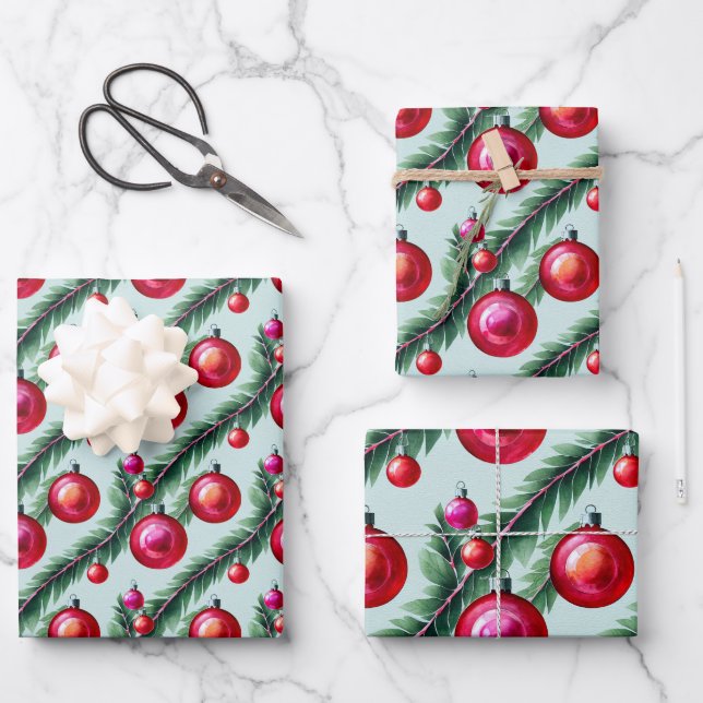 Chic Christmas Tree Ornaments Holiday Geschenkpapier Set (Vorderseite)