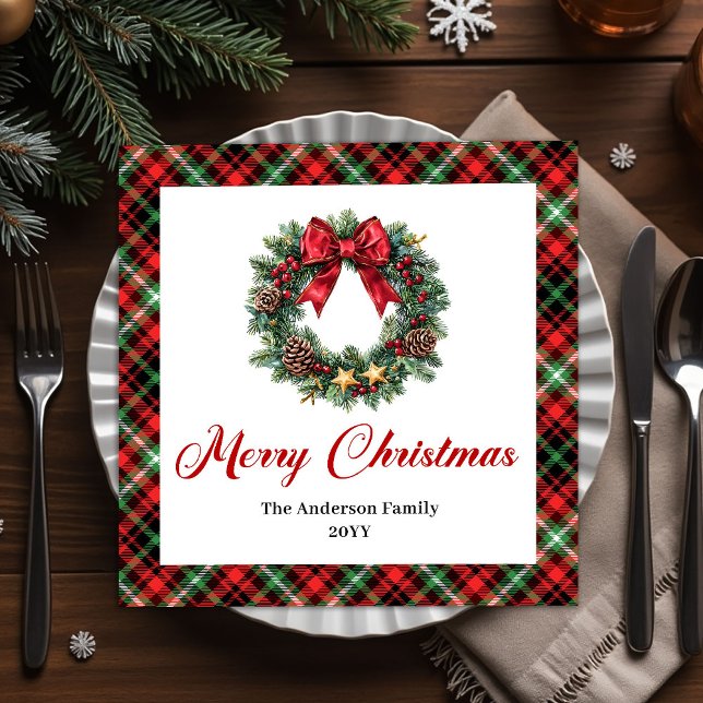 Chic Christmas Wreath with Red Green Plaid Napkins Serviette (Chic Christmas Wreath with Red Green Plaid Napkin)