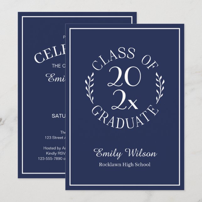 Chic Class of 2025 Navy Blue Graduation Party Einladung (Vorne/Hinten)