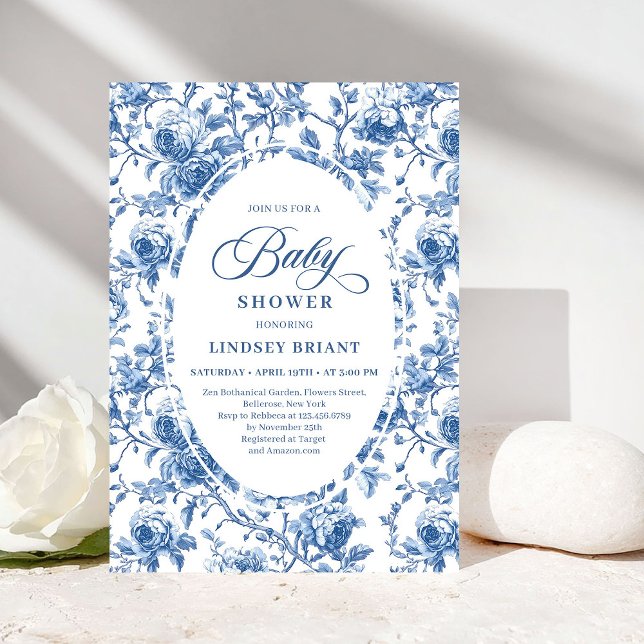 Chic Classic Blue Toile de Jouy Floral Baby Shower Einladung (Classic Blue Toile de Jouy Floral Baby Shower Invite)