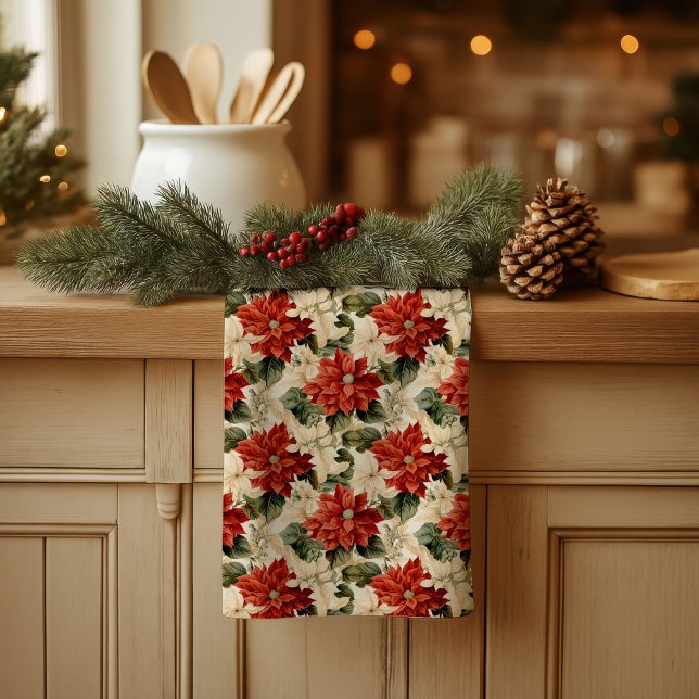 Chic Classic Red and White Poinsettias Christmas  Geschirrtuch (Chic Classic Red and White Poinsettias Christmas kitchen towel)