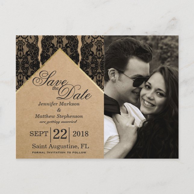 Chic & Classy Black Lace, Gold & Gerecycelt Paper Ankündigungspostkarte (Vorderseite)