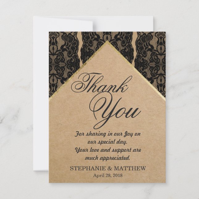 Chic & Classy Black Lace, Gold & Gerecycelt Paper Dankeskarte (Vorderseite)