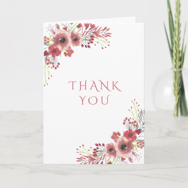Chic Classy Red Floral Watercolor Vielen Dank Dankeskarte (Vorderseite)