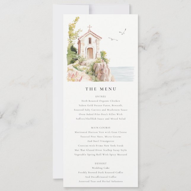 Chic Coastal Katholic Church Wedding Menu Card Einladung (Vorderseite)
