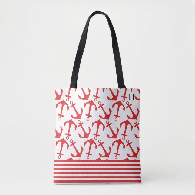 Chic Coastal Red Anchor Muster Monogram (Vorderseite)