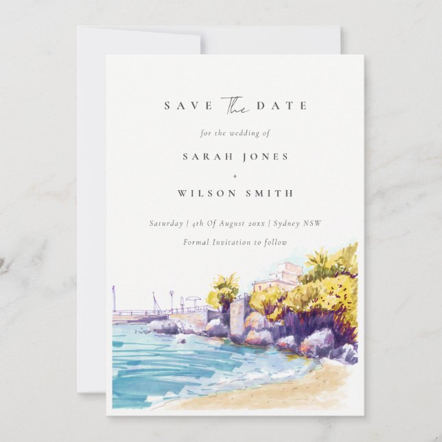 Chic Coastal Sand Beach Rocky Seascape Wasserfarbe Save The Date (Vorderseite)