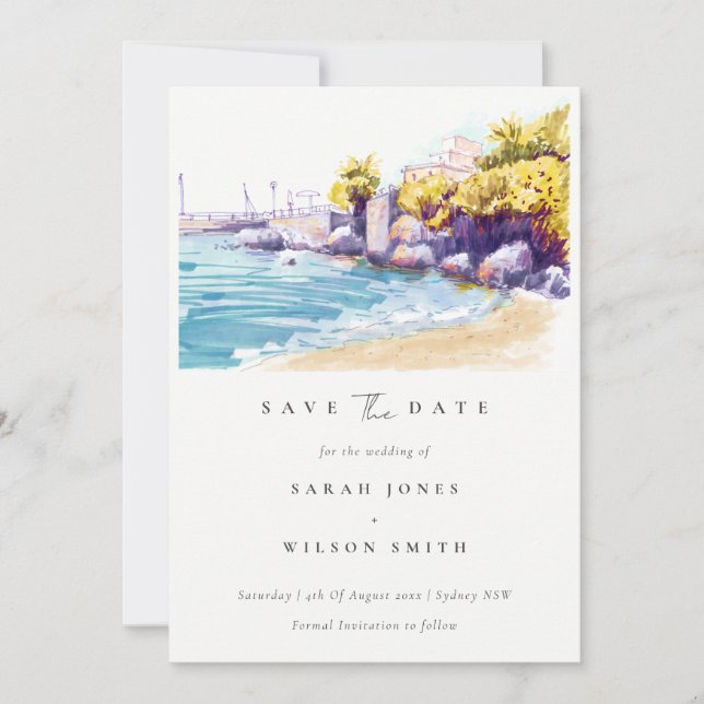Chic Coastal Sand Beach Rocky Seascape Wasserfarbe Save The Date (Vorderseite)
