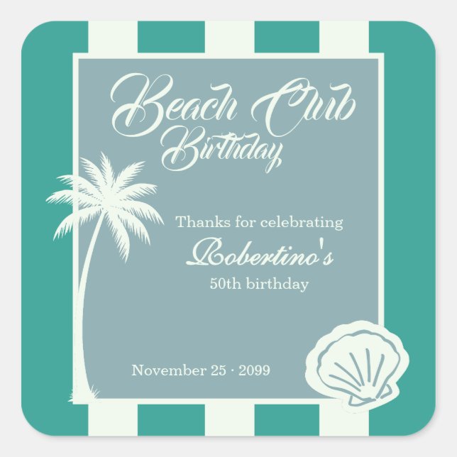 Chic Coastal Stripe Beach Club 50th Birthday Quadratischer Aufkleber (Vorderseite)