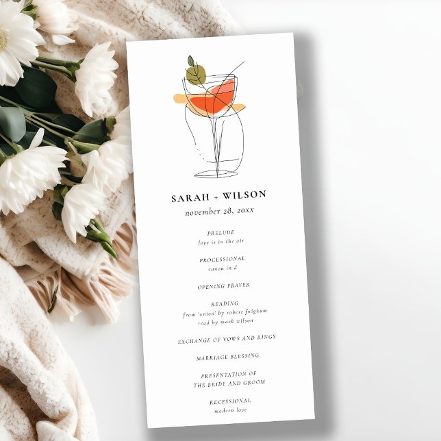 Chic Cocktail Wine Line Zeichnend Hochzeitsprogram Einladung (Von Creator hochgeladen)