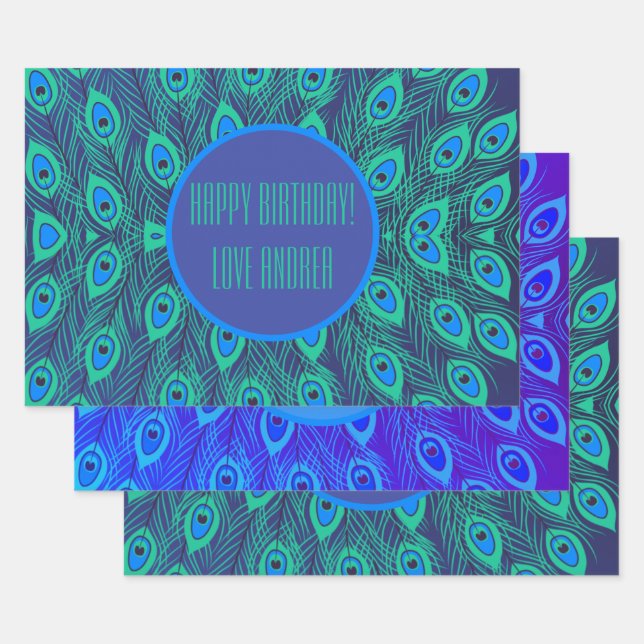 CHIC COLORFUL BLAU AQUAMARIN PEACOCK FEATHERM CUST GESCHENKPAPIER SET (Set)