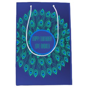 CHIC COLORFUL BLAU AQUAMARIN PEACOCK FEATHERM CUST MITTLERE GESCHENKTÜTE