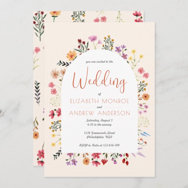 Chic Colorful Fall Wildblume Arch Wedding Script Einladung (Vorne/Hinten)