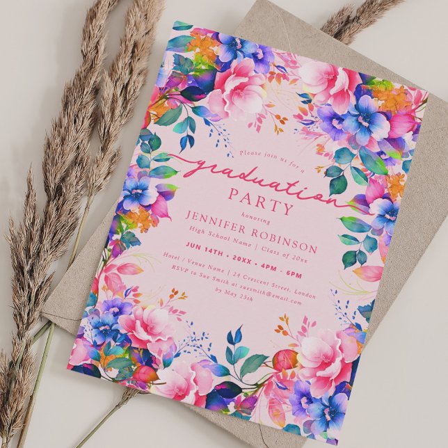 Chic Colorful Garden Abschluss Blues Einladung (Chic Colorful Garden Floral Graduation Blush Invitation)