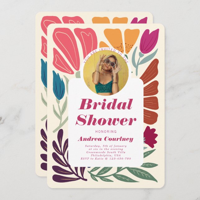 Chic Colorful Mismatch Floral Brautparty Foto Einladung (Vorne/Hinten)