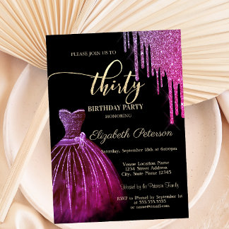 Chic Cool Dress Glitzer Tropfen 30. Geburtstag Einladung