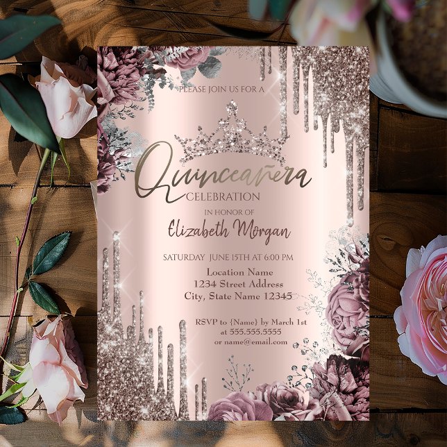 Chic Cool Glitter Krone Drop Darkle Rosen Einladung (Von Creator hochgeladen)