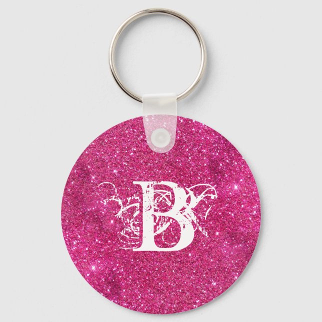 Chic Cool Pink Glitzer White Initial Monogram Schlüsselanhänger (Vorderseite)