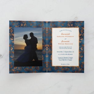 Chic Copper Blue Floral Customize Bifold Wedding Einladung
