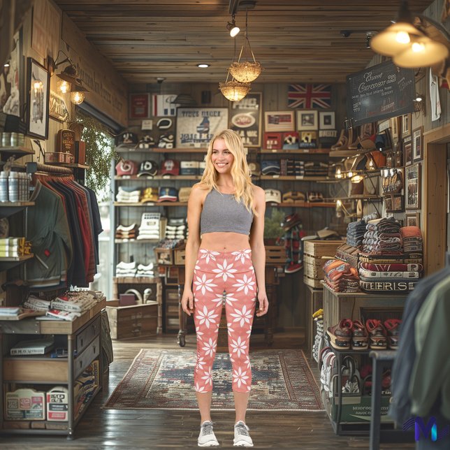 Chic Coral and White Floral Customizable Muster Capri Leggings (Von Creator hochgeladen)