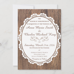 Chic Country Lace auf Rustic Dunkle Wood Vintag Einladung
