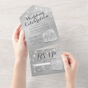 Chic Couple Mason Jar Lavender Silver Wedding RSVP All In One Einladung