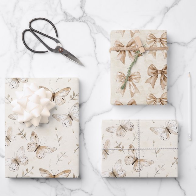 Chic Cream Butterflies Geburtstag Geschenkpapier Set (Vorderseite)