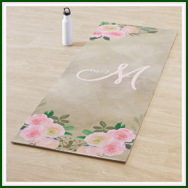 Chic Cream Floral Custom Monogram Name Yogamatte